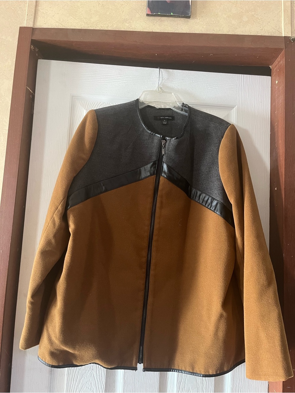 Nick Verreos Color Block Crew Neck Jacket Faux Leather Trim XL